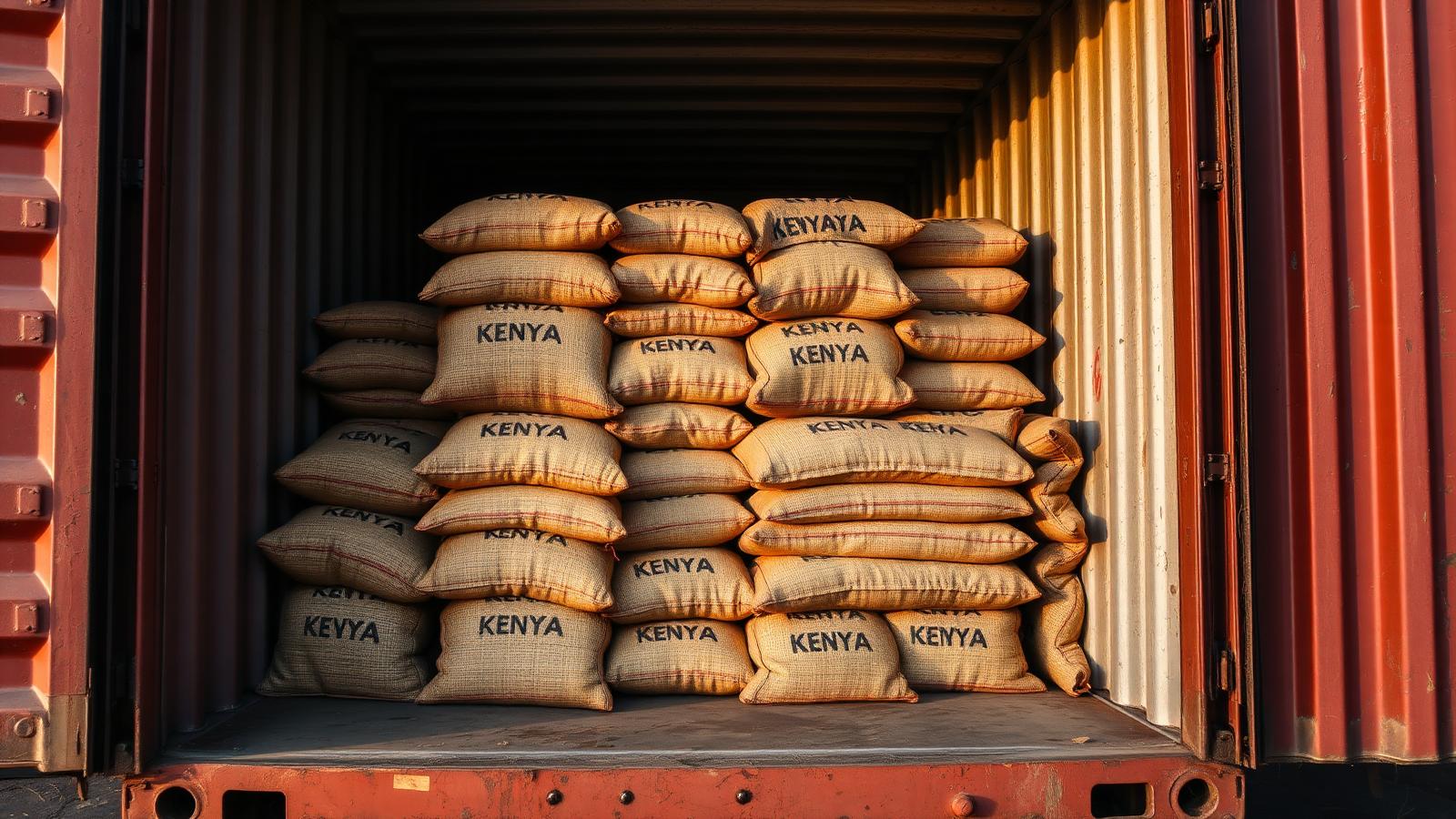 20ft container loaded with jute sacks of Kenyan green coffee at Mombasa port