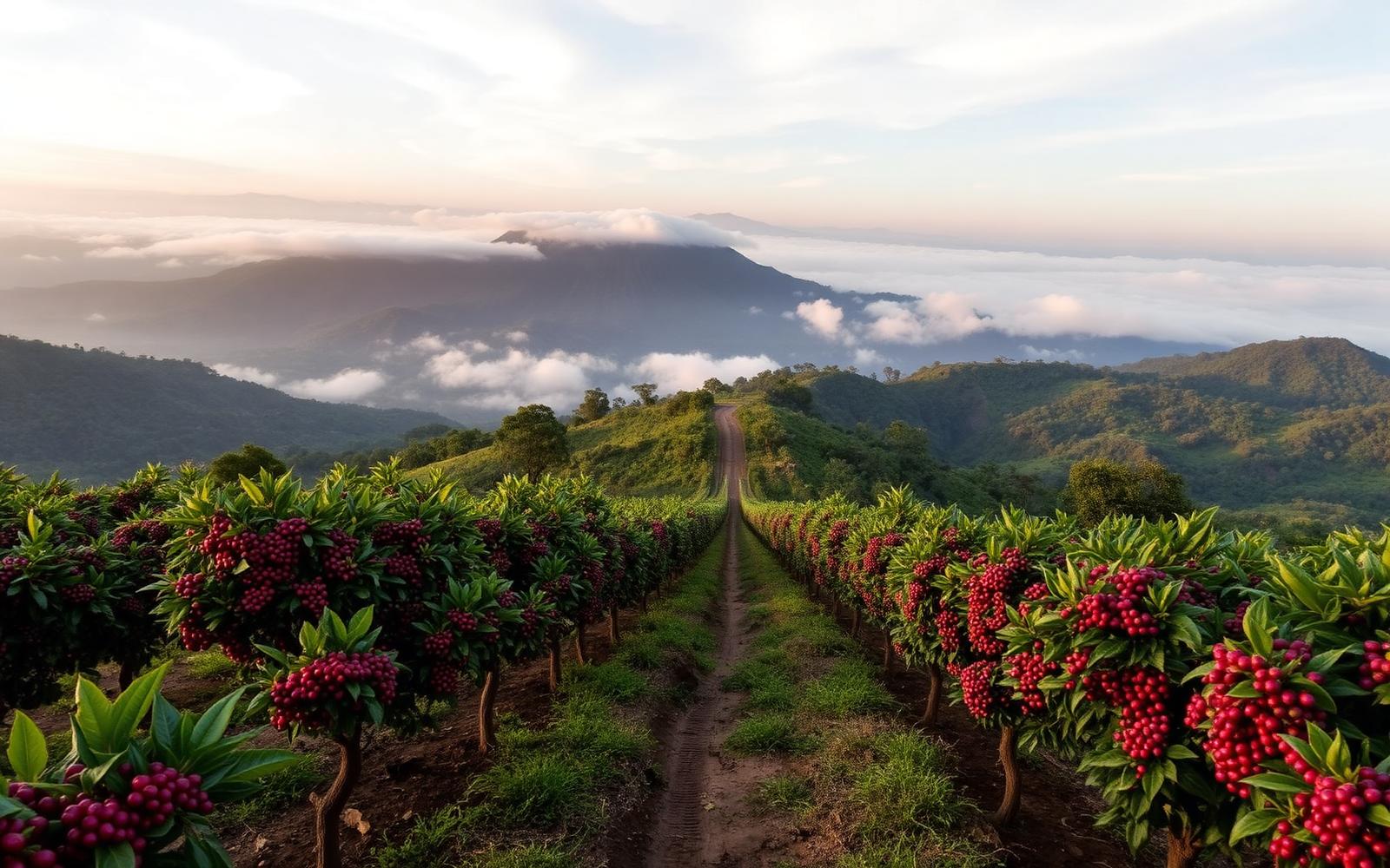 Kenyan coffee farm on volcanic highland slopes at sunrise