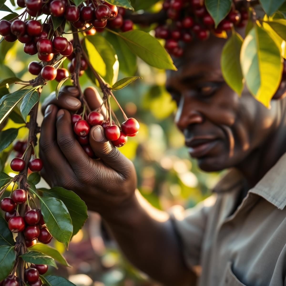 Farmer inspecting ripe cherries on the branch