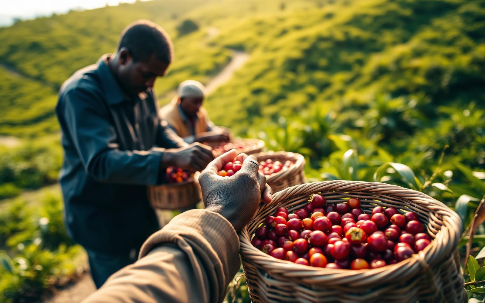 Pickers harvesting ripe coffee cherries by hand