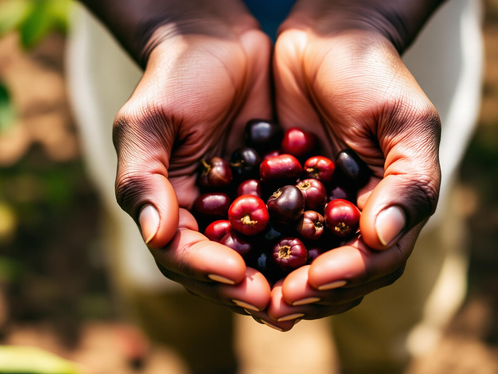Hand cupping ripe coffee cherries