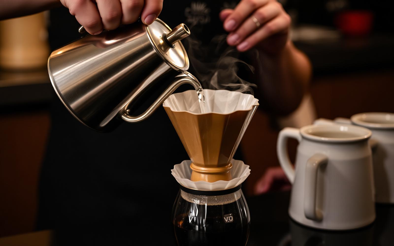 Slow pour-over brewing with a gooseneck kettle
