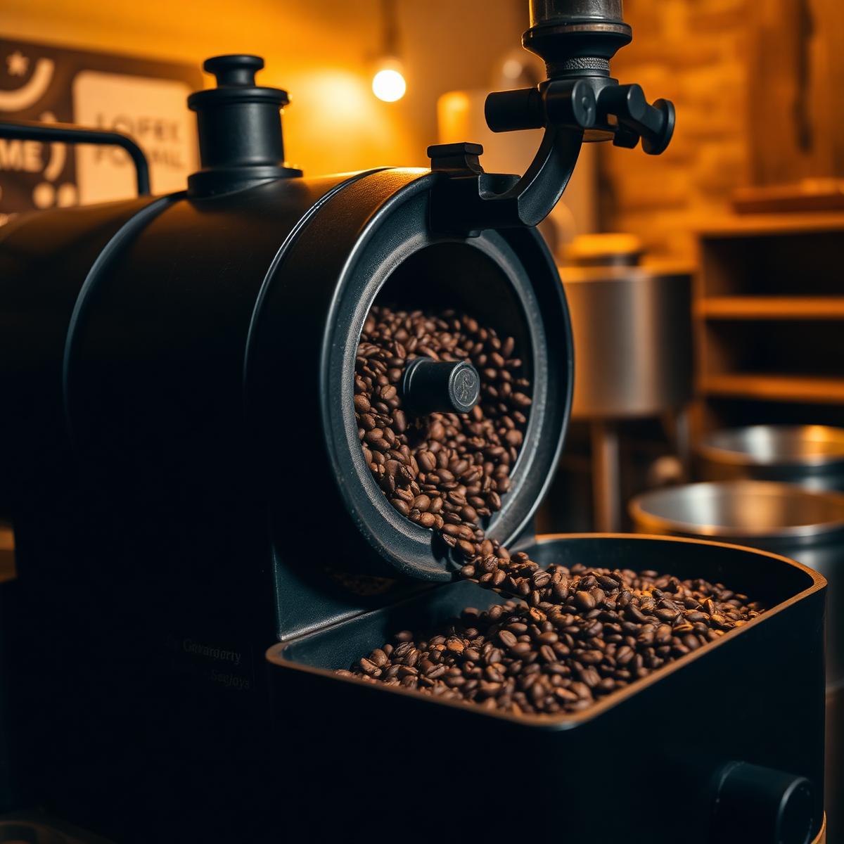 Small-batch drum roaster with beans dropping into the cooling tray