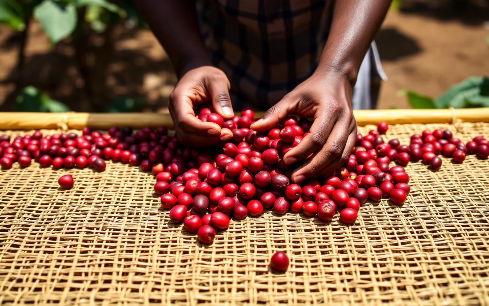Hand-sorting freshly picked coffee cherries on a raised bed