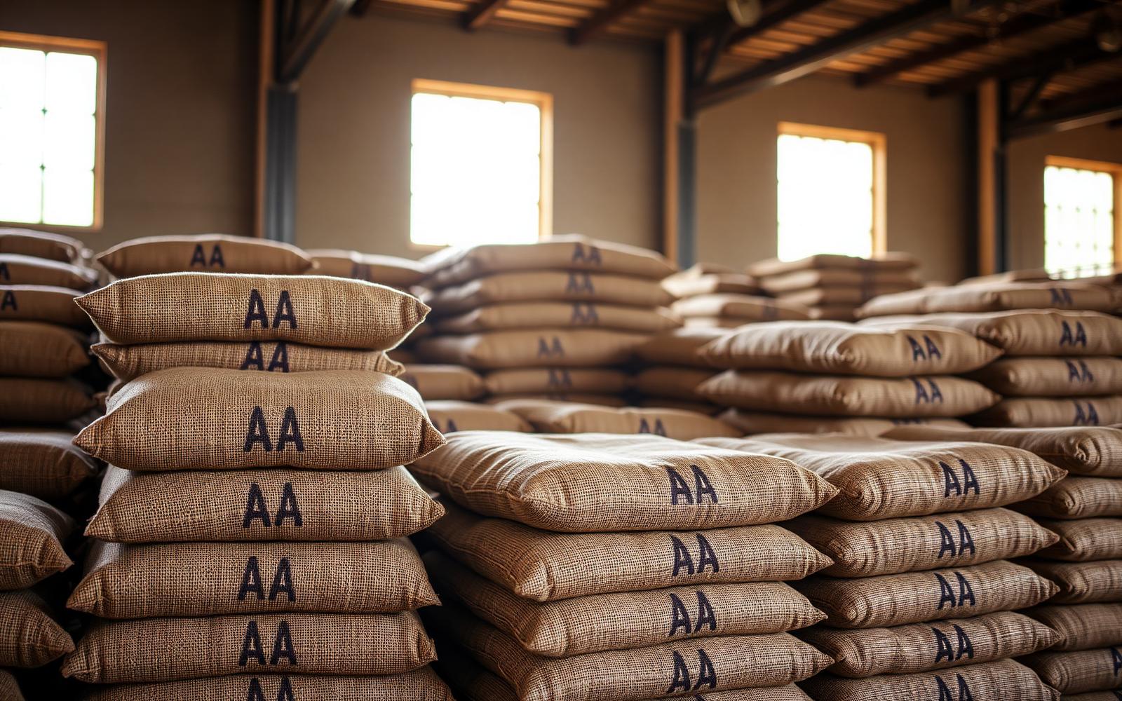 Kenya AA export sacks stacked in the warehouse